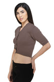 FEMULA V-Neck, Half Sleeves, Solid Color, Woolen Ready to Wear Blouse ( Dark Mouse Brown )