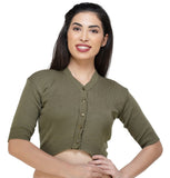 FEMULA V-Neck, Half Sleeves, Solid Color, Woolen Ready to Wear Blouse ( Dirty Green )