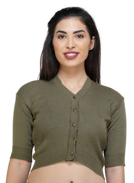 FEMULA V-Neck, Half Sleeves, Solid Color, Woolen Ready to Wear Blouse ( Dirty Green )