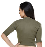 FEMULA V-Neck, Half Sleeves, Solid Color, Woolen Ready to Wear Blouse ( Dirty Green )