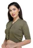 FEMULA V-Neck, Half Sleeves, Solid Color, Woolen Ready to Wear Blouse ( Dirty Green )