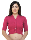 FEMULA V-Neck, Half Sleeves, Solid Color, Woolen Ready to Wear Blouse ( Fuschia Pink )