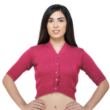 FEMULA V-Neck, Half Sleeves, Solid Color, Woolen Ready to Wear Blouse ( Fuschia Pink )