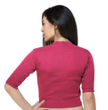 FEMULA V-Neck, Half Sleeves, Solid Color, Woolen Ready to Wear Blouse ( Fuschia Pink )