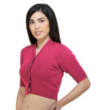 FEMULA V-Neck, Half Sleeves, Solid Color, Woolen Ready to Wear Blouse ( Fuschia Pink )