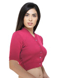 FEMULA V-Neck, Half Sleeves, Solid Color, Woolen Ready to Wear Blouse ( Fuschia Pink )