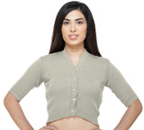 FEMULA V-Neck, Half Sleeves, Solid Color, Woolen Ready to Wear Blouse ( Italian Ice )