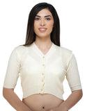 FEMULA V-Neck, Half Sleeves, Solid Color, Woolen Ready to Wear Blouse ( Ivory )