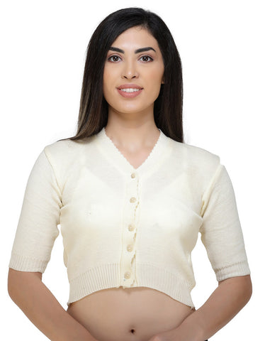 FEMULA V-Neck, Half Sleeves, Solid Color, Woolen Ready to Wear Blouse ( Ivory )