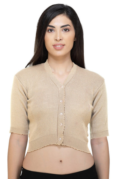 FEMULA V-Neck, Half Sleeves, Solid Color, Woolen Ready to Wear Blouse ( Light Biscuit Brown )