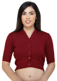 FEMULA V-Neck, Half Sleeves, Solid Color, Woolen Ready to Wear Blouse ( Maroon )