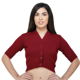 FEMULA V-Neck, Half Sleeves, Solid Color, Woolen Ready to Wear Blouse ( Maroon )