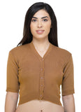 FEMULA V-Neck, Half Sleeves, Solid Color, Woolen Ready to Wear Blouse ( Mustard Brown )