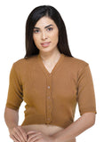 FEMULA V-Neck, Half Sleeves, Solid Color, Woolen Ready to Wear Blouse ( Mustard Brown )