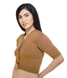 FEMULA V-Neck, Half Sleeves, Solid Color, Woolen Ready to Wear Blouse ( Mustard Brown )