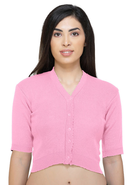 FEMULA V-Neck, Half Sleeves, Solid Color, Woolen Ready to Wear Blouse ( Pink )