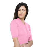 FEMULA V-Neck, Half Sleeves, Solid Color, Woolen Ready to Wear Blouse ( Pink )