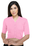 FEMULA V-Neck, Half Sleeves, Solid Color, Woolen Ready to Wear Blouse ( Pink )