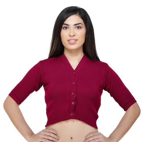 FEMULA V-Neck, Half Sleeves, Solid Color, Woolen Ready to Wear Blouse ( Pink Red )