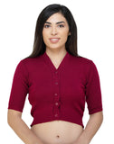 FEMULA V-Neck, Half Sleeves, Solid Color, Woolen Ready to Wear Blouse ( Pink Red )