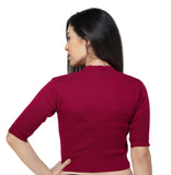 FEMULA V-Neck, Half Sleeves, Solid Color, Woolen Ready to Wear Blouse ( Pink Red )