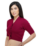 FEMULA V-Neck, Half Sleeves, Solid Color, Woolen Ready to Wear Blouse ( Pink Red )