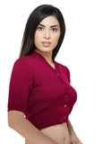 FEMULA V-Neck, Half Sleeves, Solid Color, Woolen Ready to Wear Blouse ( Pink Red )