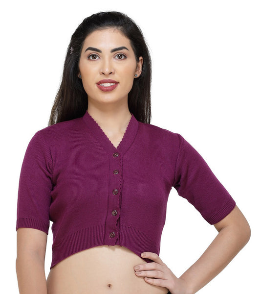 FEMULA V-Neck, Half Sleeves, Solid Color, Woolen Ready to Wear Blouse ( Purple )