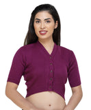 FEMULA V-Neck, Half Sleeves, Solid Color, Woolen Ready to Wear Blouse ( Purple )