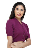 FEMULA V-Neck, Half Sleeves, Solid Color, Woolen Ready to Wear Blouse ( Purple )