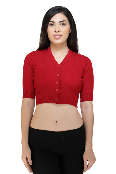 FEMULA V-Neck, Half Sleeves, Solid Color, Woolen Ready to Wear Blouse ( Red )