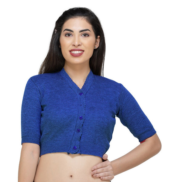 FEMULA V-Neck, Half Sleeves, Solid Color, Woolen Ready to Wear Blouse ( Royal Blue )