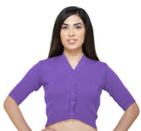 FEMULA V-Neck, Half Sleeves, Solid Color, Woolen Ready to Wear Blouse ( Royal Purple )