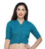 FEMULA V-Neck, Half Sleeves, Solid Color, Woolen Ready to Wear Blouse ( Sky Blue )