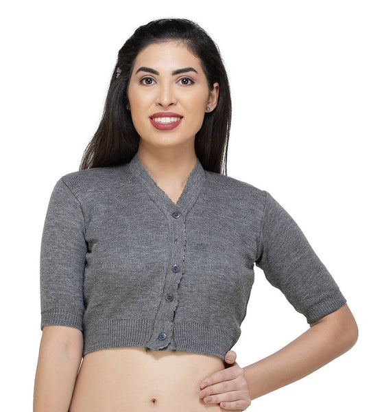 FEMULA V-Neck, Half Sleeves, Solid Color, Woolen Ready to Wear Blouse ( Steel Grey )