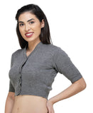 FEMULA V-Neck, Half Sleeves, Solid Color, Woolen Ready to Wear Blouse ( Steel Grey )