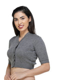 FEMULA V-Neck, Half Sleeves, Solid Color, Woolen Ready to Wear Blouse ( Steel Grey )