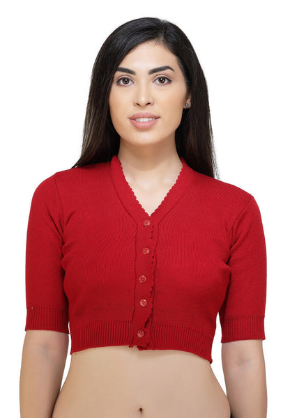 FEMULA V-Neck, Half Sleeves, Solid Color, Woolen Ready to Wear Blouse ( Tomato Red )