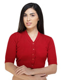 FEMULA V-Neck, Half Sleeves, Solid Color, Woolen Ready to Wear Blouse ( Tomato Red )