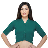 FEMULA V-Neck, Half Sleeves, Solid Color, Woolen Ready to Wear Blouse ( Turquoise Green )