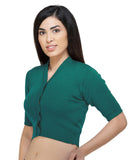 FEMULA V-Neck, Half Sleeves, Solid Color, Woolen Ready to Wear Blouse ( Turquoise Green )