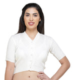 FEMULA V-Neck, Half Sleeves, Solid Color, Woolen Ready to Wear Blouse ( White )