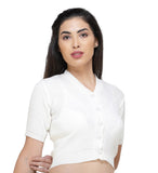 FEMULA V-Neck, Half Sleeves, Solid Color, Woolen Ready to Wear Blouse ( Antique White )