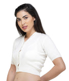 FEMULA V-Neck, Half Sleeves, Solid Color, Woolen Ready to Wear Blouse ( White )