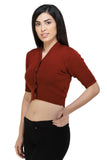 FEMULA V-Neck, Half Sleeves, Solid Color, Woolen Ready to Wear Blouse ( Brick Red )