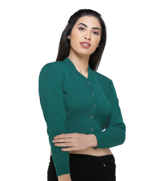 FEMULA V- Neck Women Full Sleeves Stitched Ready to Wear Woolen Blouse ( Torquoise Green )