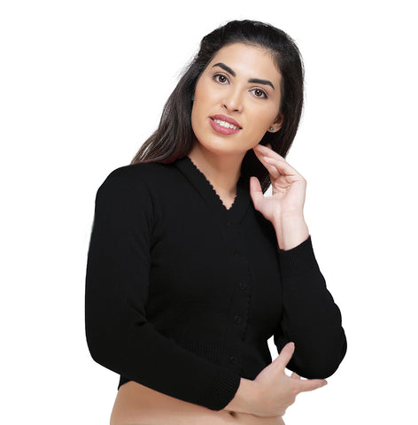 FEMULA V- Neck Women Full Sleeves Stitched Ready to Wear Woolen Blouse ( Black )