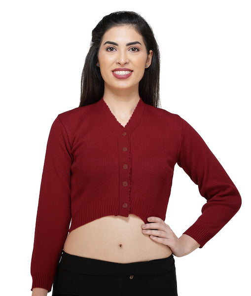 FEMULA V- Neck Women Full Sleeves Stitched Ready to Wear Woolen Blouse ( Maroon )