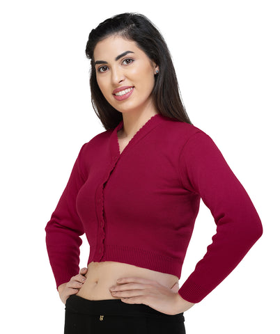 FEMULA V- Neck Women Full Sleeves Stitched Ready to Wear Woolen Blouse ( Pink Red )