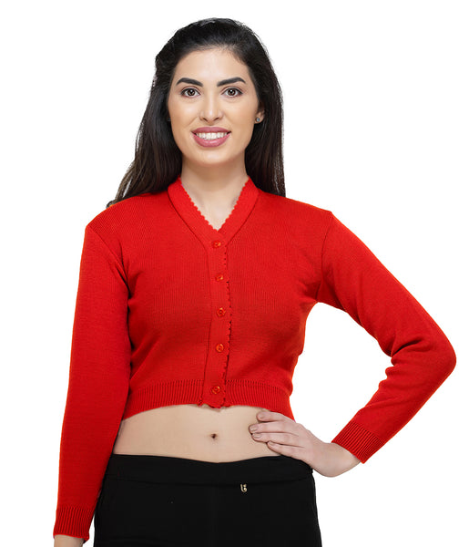 FEMULA V- Neck Women Full Sleeves Stitched Ready to Wear Woolen Blouse ( Tomato Red )